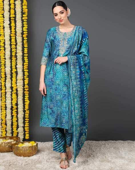Ahika Floral Print Embroidered Straight Kurta with Pants & Dupatta