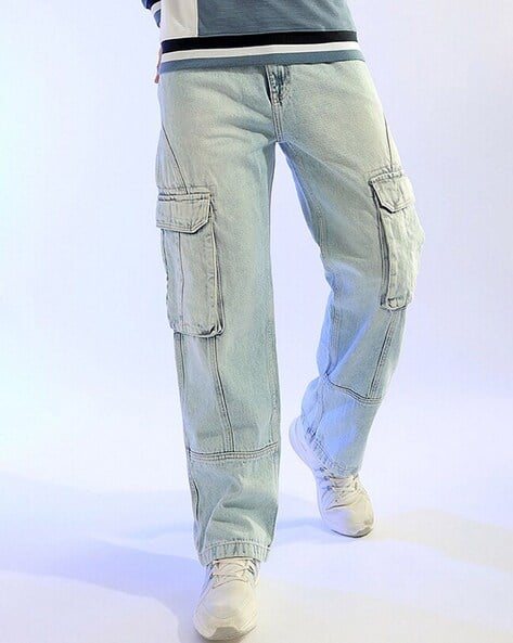 The Indian Garage Co Men Heavily Washed Relaxed Fit Cargo Mid-Rise Jeans