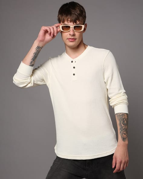 Men Waffle Textured Slim Fit Henley T-Shirt