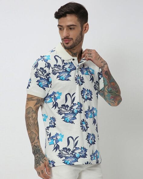 MUFTI Men Floral Print Slim Fit Polo T-Shirt