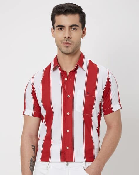 Mufti Mens Red And White Striped Dress Shirt Men Striped Slim Fit