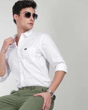 Spread Collar Shirt with Logo Patch Pocket-image-3