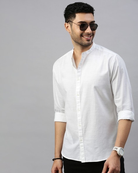 Mandarin Collar Slim Fit Solid Shirt