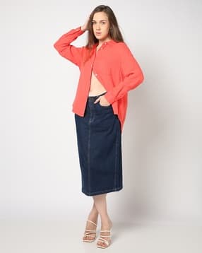 Mid-Rise Dark-Wash Straight Fit Skirt-image-49