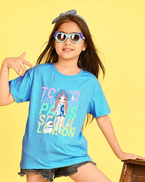 Girls Graphic Print Oversized Crew-Neck T-Shirt