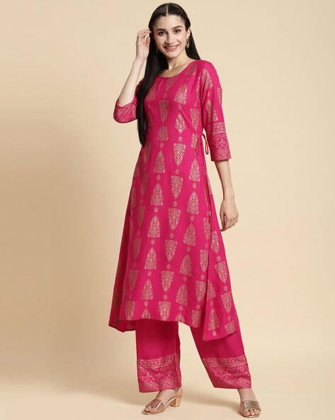 Women Gold Printed Calf Length A-line Kurta With Palazzo