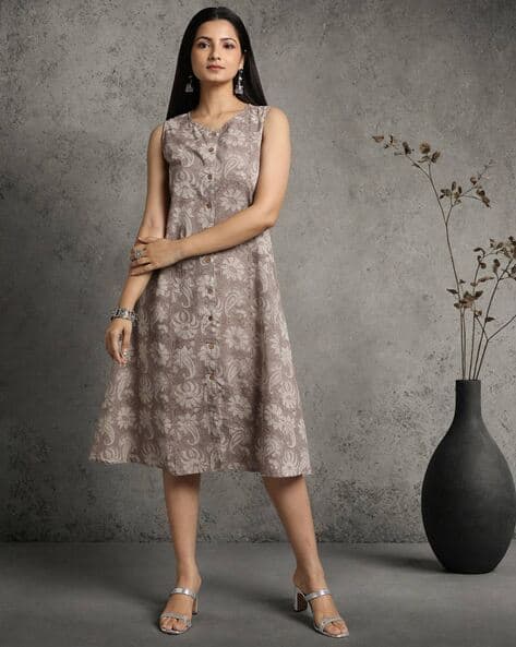 a line dress on hourglass figure Women's Cotton Floral Printed Cream A-Line Maxi Dress With Buttons Cream / S main image 1