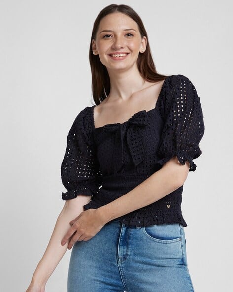 SPYKAR Women Schiffli Embroidered Relaxed Fit Top
