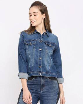 spykar Women Washed Regular Fit Denim Jacket with Flap Pockets-picture-21