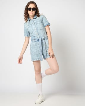 gap Chambray Washed Denim Puff-Sleeves Rompers-picture-36