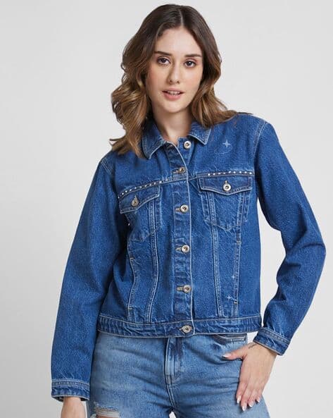 SPYKAR Women Washed Regular Fit Denim Jacket with Flap Pockets
