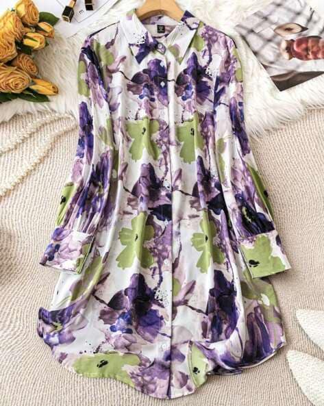 Women Floral Print Shirt Dress