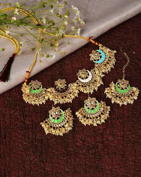 Sohi Kundan-Studded Necklace & Earrings Set with Mangtikka
