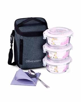 set of 3 glass lunch boxes with bag