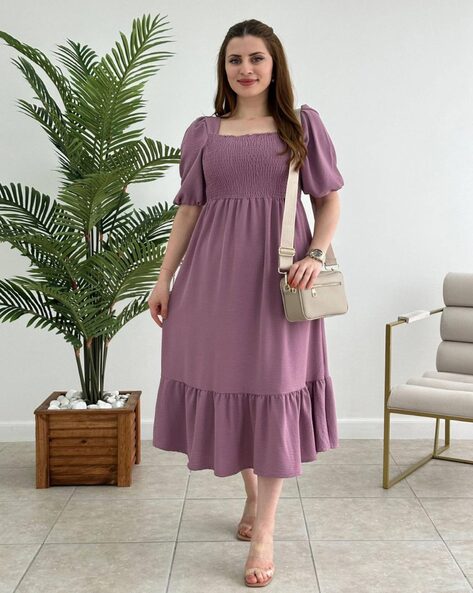 Women Square-Neck Fit & Flare Dress with Short Sleeves