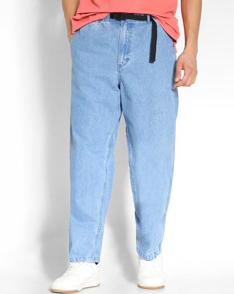 Men Lightly Washed Loose Fit Jeans with Drawstring