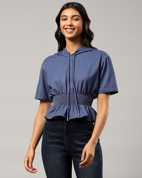 LABEL RITU KUMAR Women Loose Fit Hooded Peplum Top