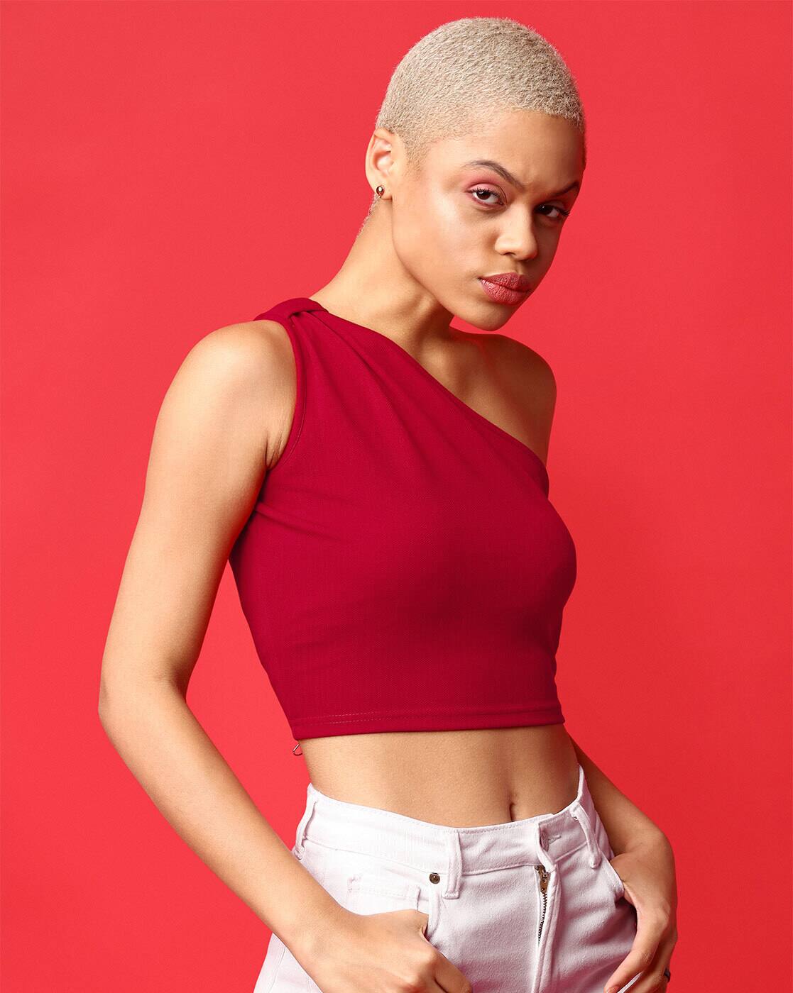 Buy Purvaja Knitted One-Shoulder Crop Top Online | Ajio.com