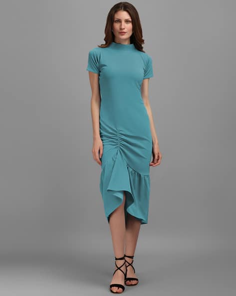 Short-Sleeve High-Neck A-Line Dress