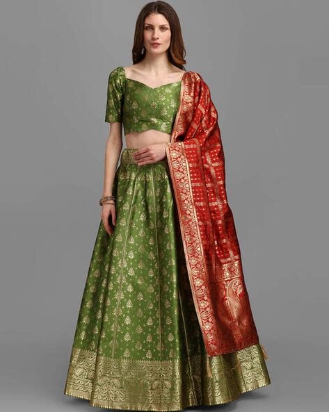 PURVAJA Women's Jacquard Lehenga Choli - Semi-Stitched, Zari Work, Perfect For Weddings & Navratri