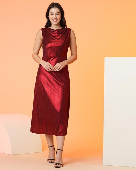 Women Cowl Neck Side Slits Shiny A-Line Midi Party Dress