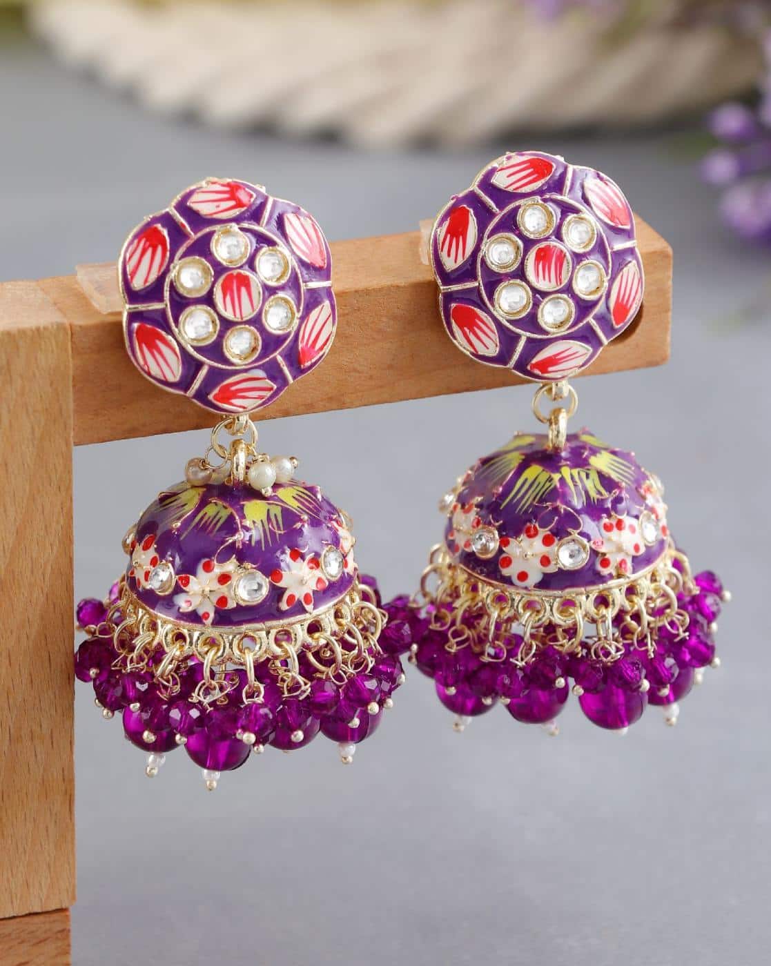 Purple Jhumka Earrings Women Stone-Studded Jhumkas Earrings