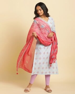 w Women Floral Print Chiffon Dupatta with Tassels-picture-37