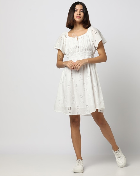 Women Schiffli Embroidered Off-Shoulder Fit & Flare Dress