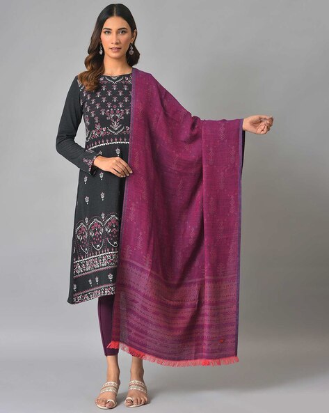 Women Patterned Shawl with Fringes Price in India