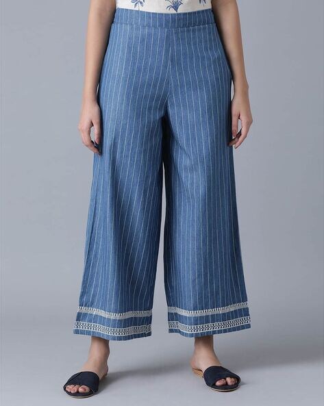 Women Pinstriped Parallel Denim Pants Price in India