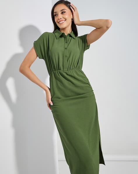 Women Solid Sheath Midi Length Dress with Expended Sleeve
