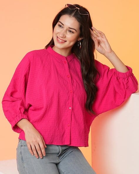 Women Mandarin Collar Batwing Sleeves Structured Shirt Style Top