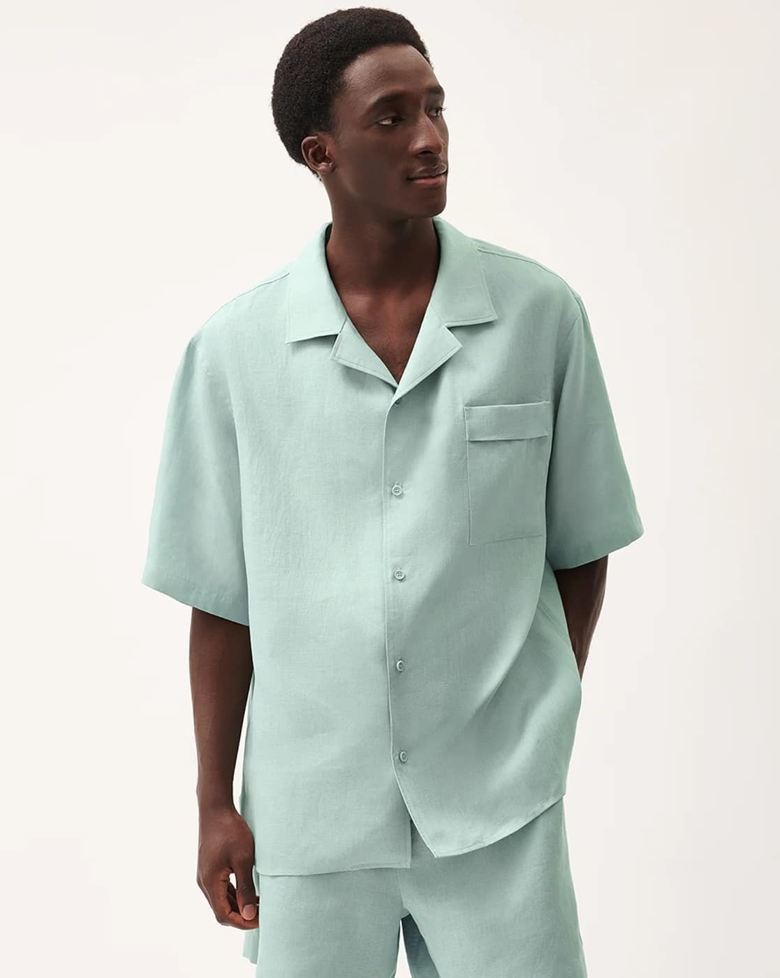 Buy Pangaia DNA Linen Camp Collar Short Sleeve Shirt | Green Color