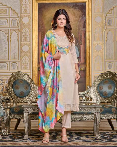 Women Embroidered Straight Kurta Set Price in India