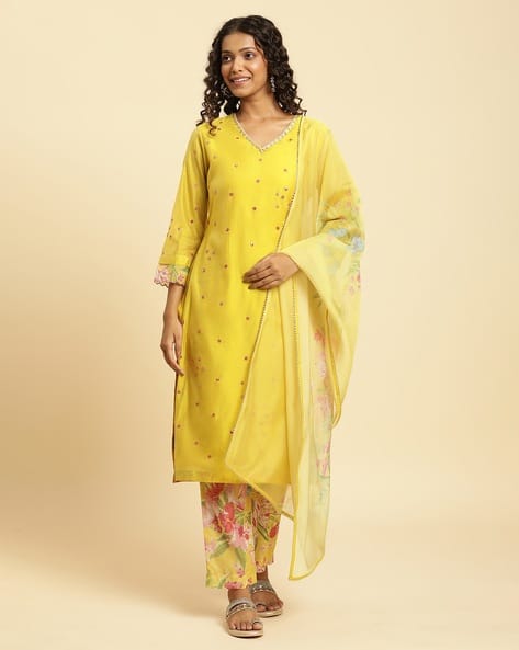 W Women Embellished Straight Kurta with Pants & Dupatta Offers & Cashback