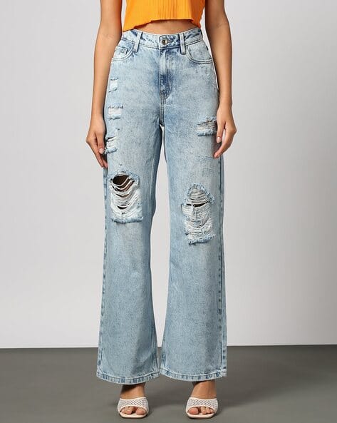 Women Heavily Washed Distressed Wide-Leg Jeans