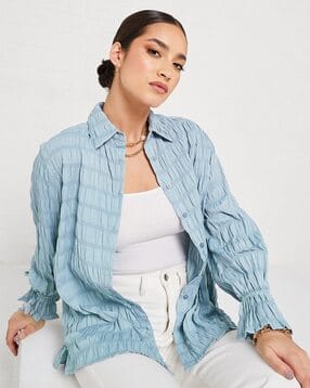 Women Textured Oversized Longline Shirt with Buttons