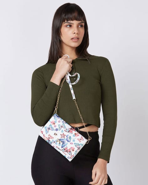 Women Butterfly Print Vegan Leather Pouch Sling Bag
