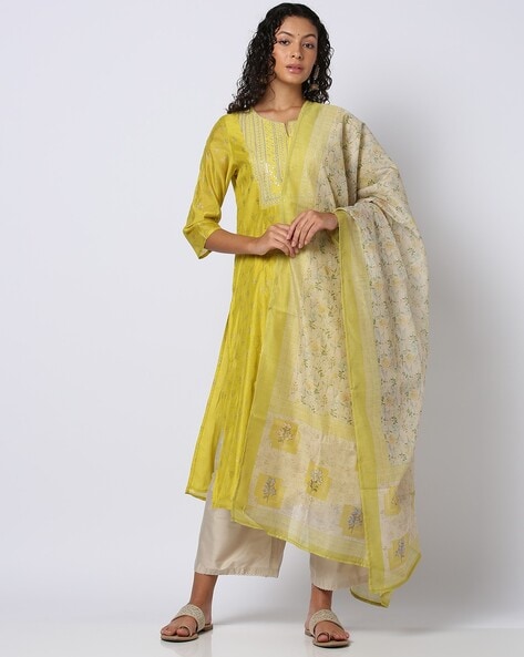 Women Embroidered Straight Kurta with Palazzos & Dupatta