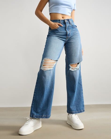 Women Heavily Washed Distressed Wide Jeans
