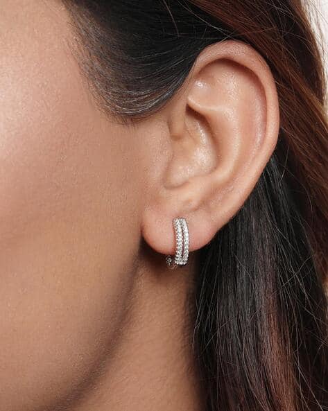 Dual Line Glamour Rhodium Plated 925 Sterling Silver Hoop Earrings