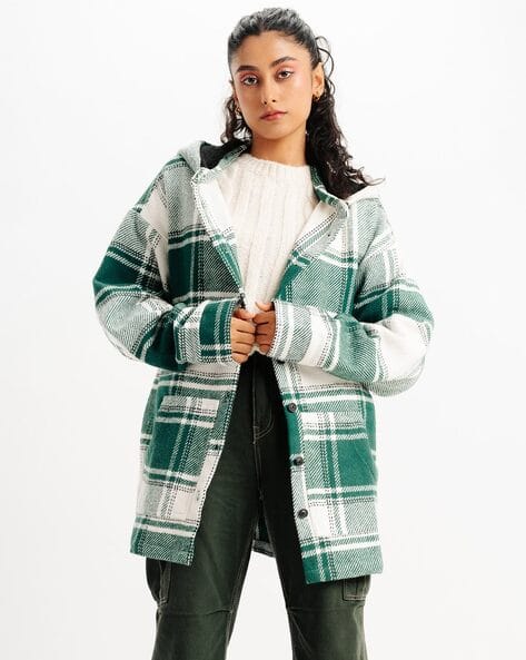 Winter Coat Green Check Coat Womens Green Double Breasted Vintage