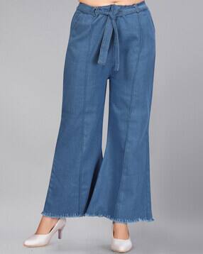Solid Flared Jeans with Waist Tie-up