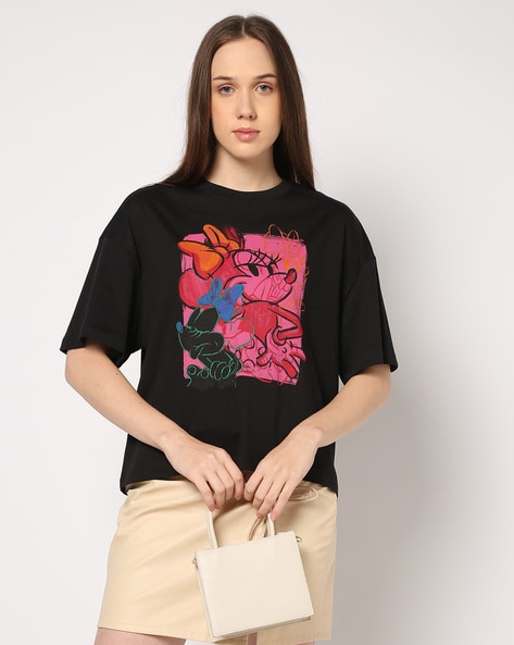 Women Minnie Mouse Print Oversized Crew-Neck T-Shirt