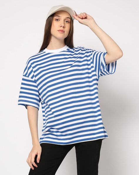 Women Striped Oversized Fit Crew-Neck T-Shirt