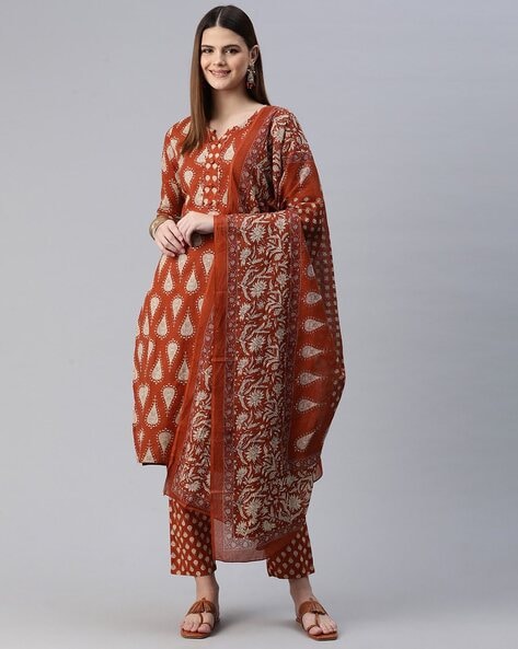 Women Floral Print Straight Kurta with Pants & Dupatta