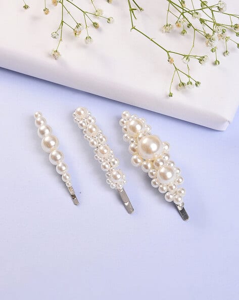 Sohi Set of 3 Silver-Plated Pearl Hair Pins