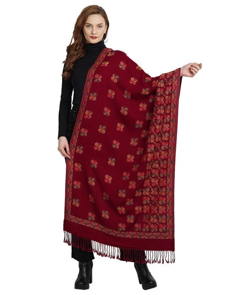 Floral Woven Stole with Fringes