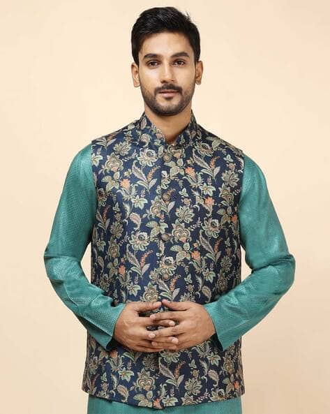 Floral Print Waistcoat with Welt Pocket