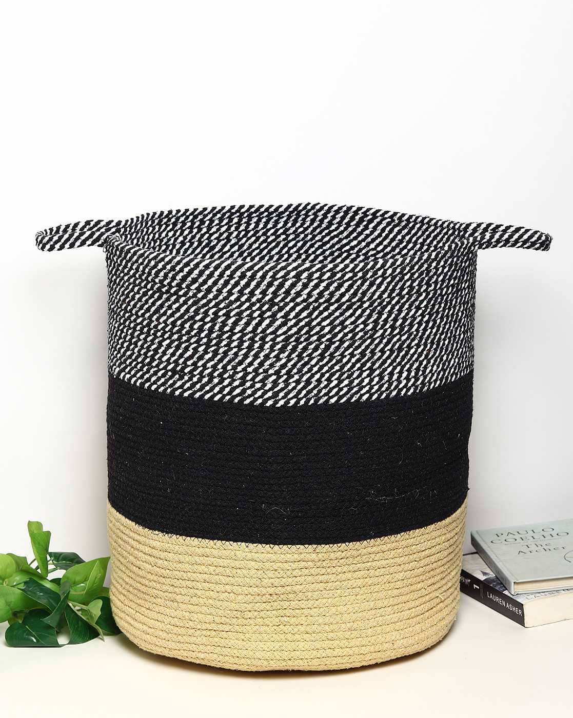 Habere India Colourblock Cotton Laundry Storage Basket (Black)